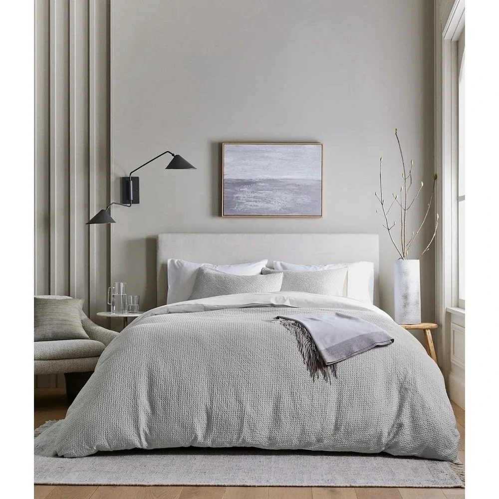 Quince Organic Luxe Honeycomb King Duvet Cover Set Light Grey NWT